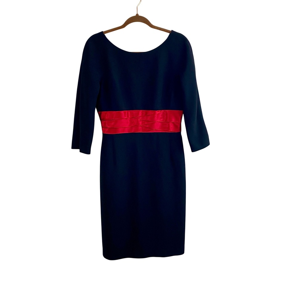 Liz Claiborne Sheath Dress Women 8 Black Red Excellent 3/4 Sleeve Satin Waist